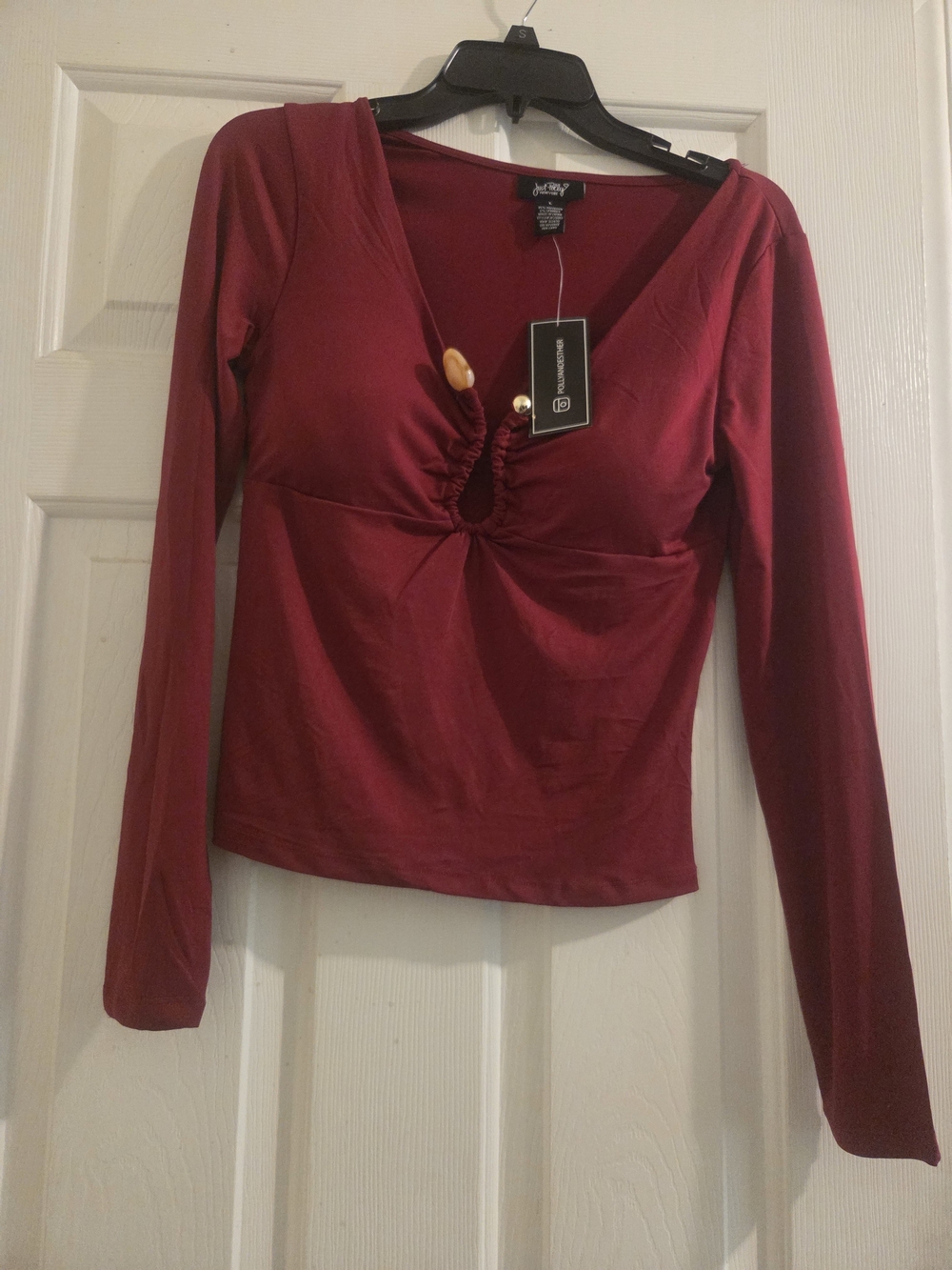 Burgundy Long-Sleeve V-Neck Tee with Ring Detail Juniors